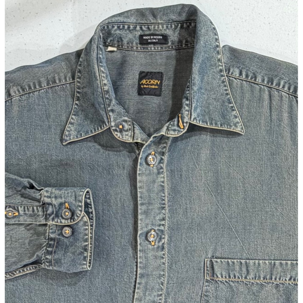 Acorn Bob Goldfeder Denim Chambray Shirt M L Blue Gold Made in Italy Button Down